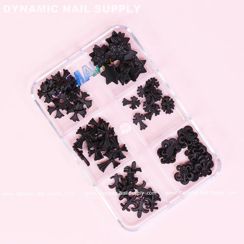 60pcs Matte Black Chrome Heart Resin Charms (Antique Crosses) for Nails Art design