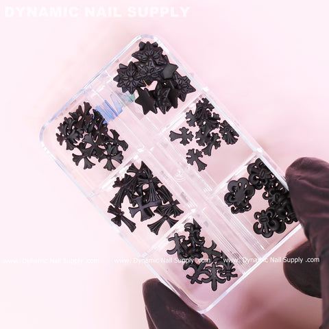 60pcs Matte Black Chrome Heart Resin Charms (Antique Crosses) for Nails Art design