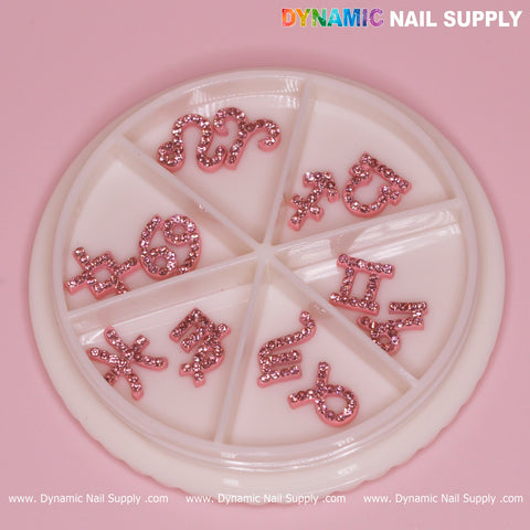 Set of Pink Zodiac Symbol Sign Nails Charm with Rhinestone