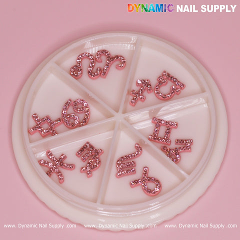 Set of Pink Zodiac Symbol Sign Nails Charm with Rhinestone