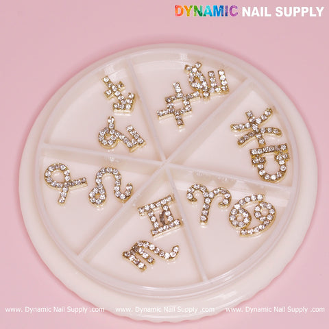 Set of 12 pcs Gold Zodiac Sign Nails Charm with Rhinestone (Zodiac Symbol)