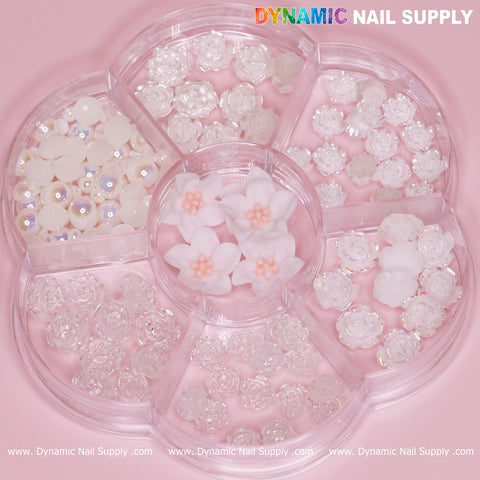 60 pcs White Iridescent Roses Charm with Pearls and Daisy Accessories for Nails Art Design