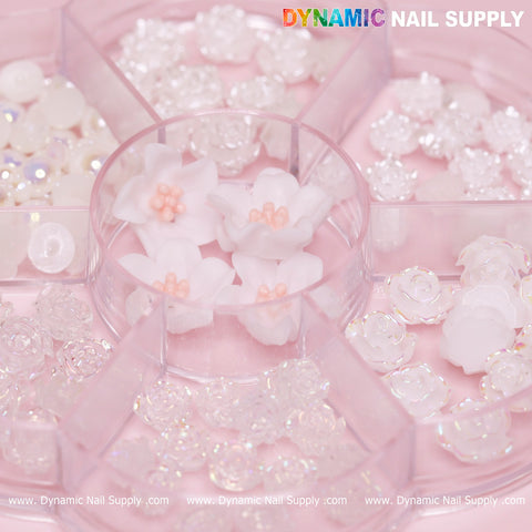 60 pcs White Iridescent Roses Charm with Pearls and Daisy Accessories for Nails Art Design