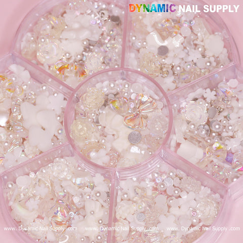 Iridescent White 3D Resin Flowers and Bows shape charms rhinestones for Spring Nails Art design