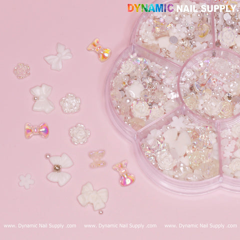 Iridescent White 3D Resin Flowers and Bows shape charms rhinestones for Spring Nails Art design