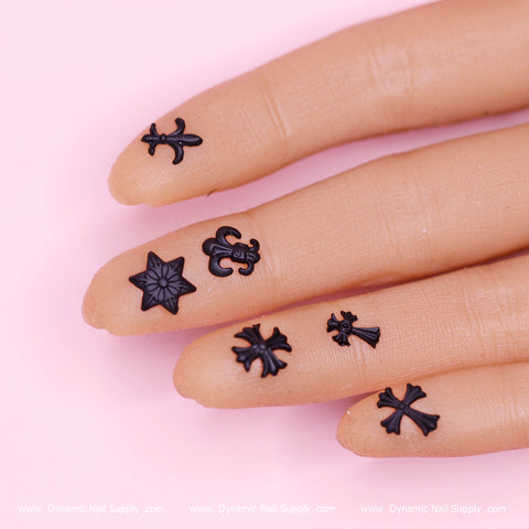 60pcs Matte Black Chrome Heart Resin Charms (Antique Crosses) for Nails Art design