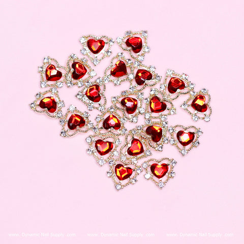 20 pcs Luxury 3D Heart shape Charm for Nails Art Design (Red stones + Gold claws base)