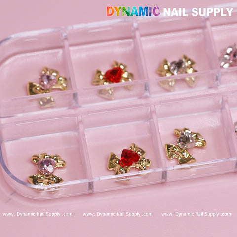 12 pcs Luxury 3D Bow Charms engraved Heart Rhinestones for Valentines Nail Designs