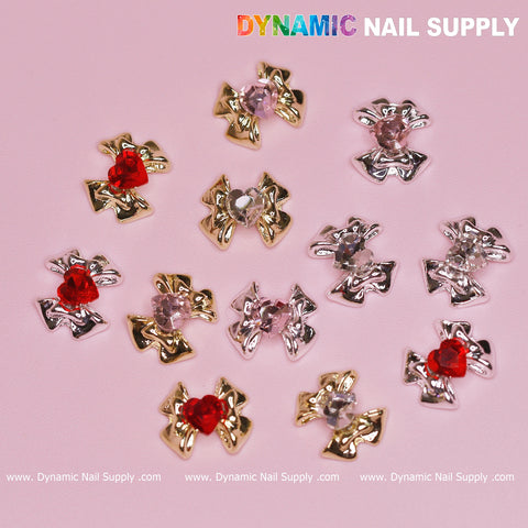 12 pcs Luxury 3D Bow Charms engraved Heart Rhinestones for Valentines Nail Designs
