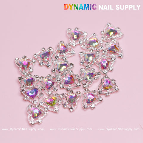 20 pcs Luxury Heart-shaped Charms for Nails Art Design (AB rhinestones + Silver claws base)