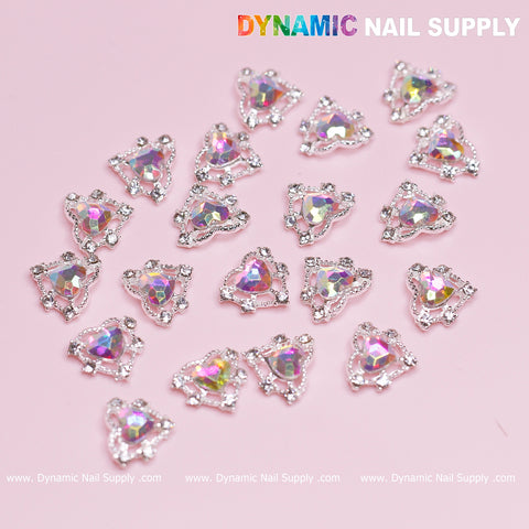 20 pcs Luxury Heart-shaped Charms for Nails Art Design (AB rhinestones + Silver claws base)