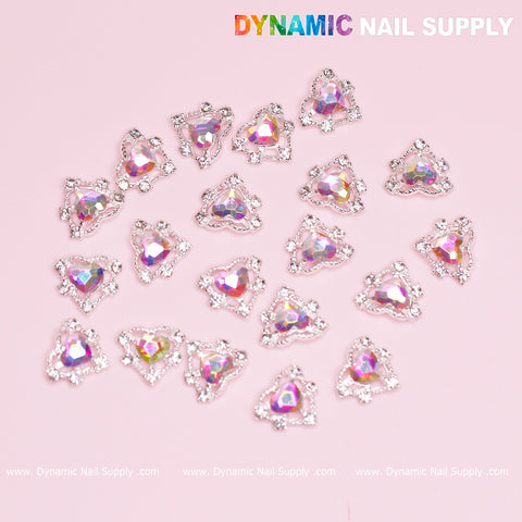 20 pcs Luxury Heart-shaped Charms for Nails Art Design (AB rhinestones + Silver claws base)
