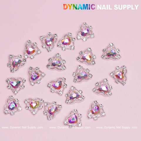 20 pcs Luxury Heart-shaped Charms for Nails Art Design (AB rhinestones + Silver claws base)