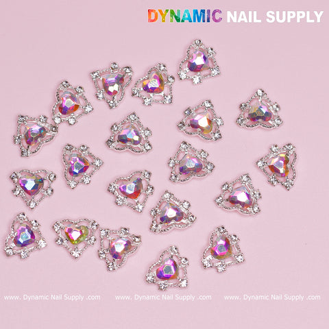 20 pcs Luxury Heart-shaped Charms for Nails Art Design (AB rhinestones + Silver claws base)