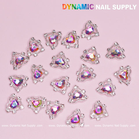 20 pcs Luxury Heart-shaped Charms for Nails Art Design (AB rhinestones + Silver claws base)
