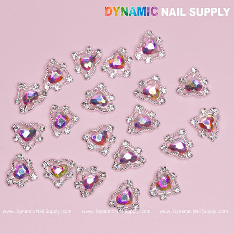20 pcs Luxury Heart-shaped Charms for Nails Art Design (AB rhinestones + Silver claws base)