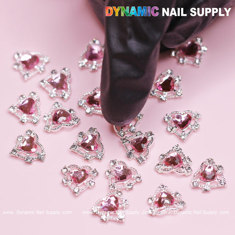 20 pcs Pink Heart Charm for Valentine Nails Design (Rhinestones Border Edge, silver claws)