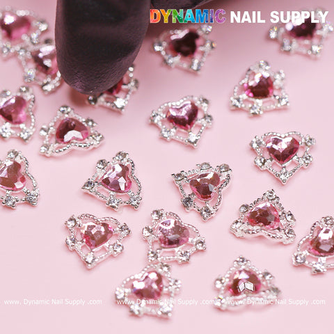 20 pcs Pink Heart Charm for Valentine Nails Design (Rhinestones Border Edge, silver claws)