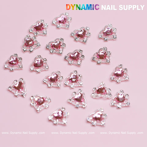 20 pcs Pink Heart Charm for Valentine Nails Design (Rhinestones Border Edge, silver claws)