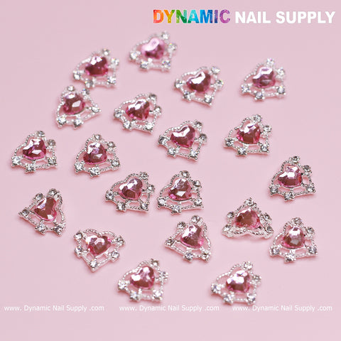 20 pcs Pink Heart Charm for Valentine Nails Design (Rhinestones Border Edge, silver claws)