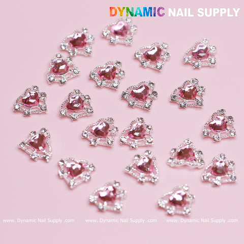 20 pcs Pink Heart Charm for Valentine Nails Design (Rhinestones Border Edge, silver claws)