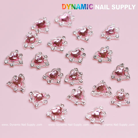 20 pcs Pink Heart Charm for Valentine Nails Design (Rhinestones Border Edge, silver claws)