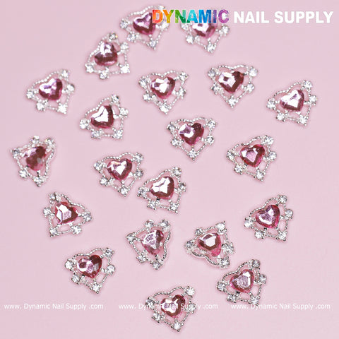 20 pcs Pink Heart Charm for Valentine Nails Design (Rhinestones Border Edge, silver claws)