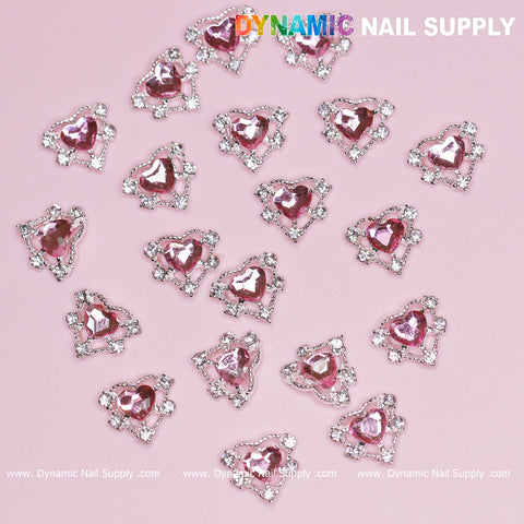 20 pcs Pink Heart Charm for Valentine Nails Design (Rhinestones Border Edge, silver claws)