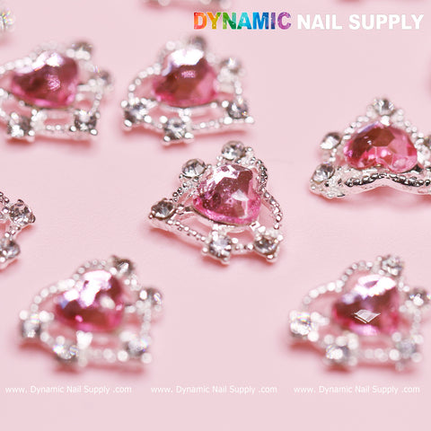 20 pcs Pink Heart Charm for Valentine Nails Design (Rhinestones Border Edge, silver claws)