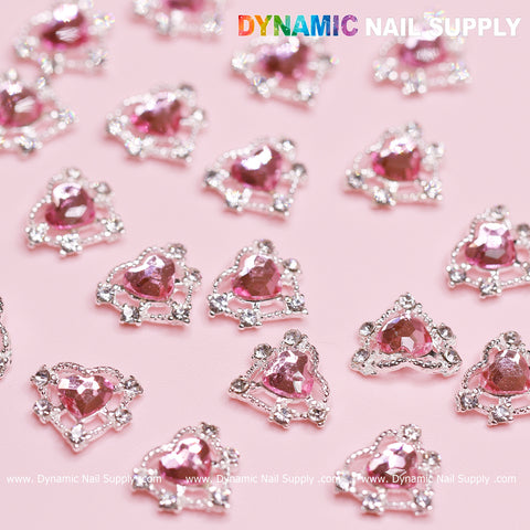20 pcs Pink Heart Charm for Valentine Nails Design (Rhinestones Border Edge, silver claws)