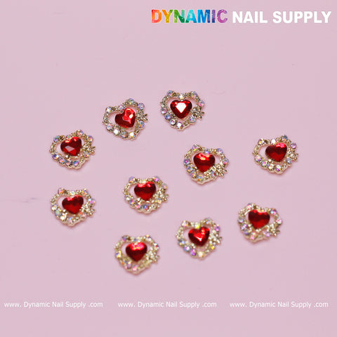 10 pcs 3D Red Ruby Heart rhinestone Charm for Nails Art Design (Red stones + Golden claws base)