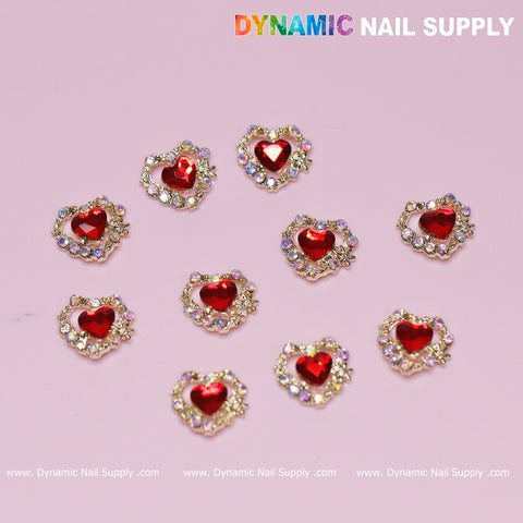 10 pcs 3D Red Ruby Heart rhinestone Charm for Nails Art Design (Red stones + Golden claws base)
