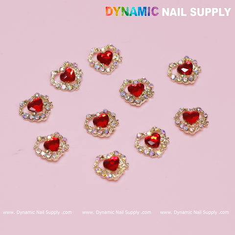 10 pcs 3D Red Ruby Heart rhinestone Charm for Nails Art Design (Red stones + Golden claws base)