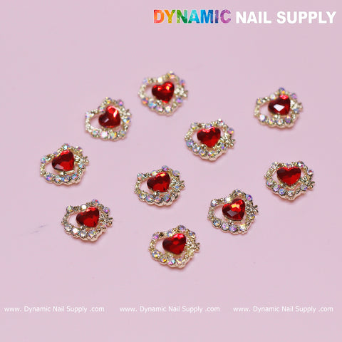 10 pcs 3D Red Ruby Heart rhinestone Charm for Nails Art Design (Red stones + Golden claws base)
