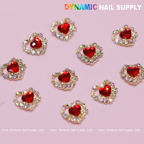 10 pcs 3D Red Ruby Heart rhinestone Charm for Nails Art Design (Red stones + Golden claws base)