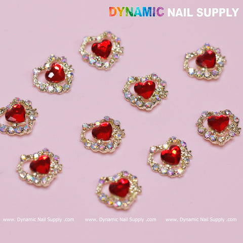 10 pcs 3D Red Ruby Heart rhinestone Charm for Nails Art Design (Red stones + Golden claws base)