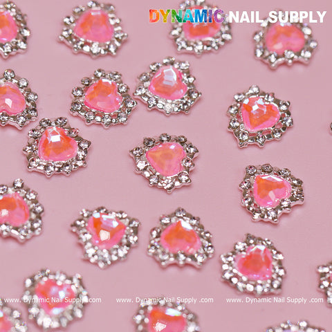 30 pcs 3D Pink Ruby Heart Rhinestone Nail Charms with Silver Claws Base, Pink Stones for Nail Art Design.