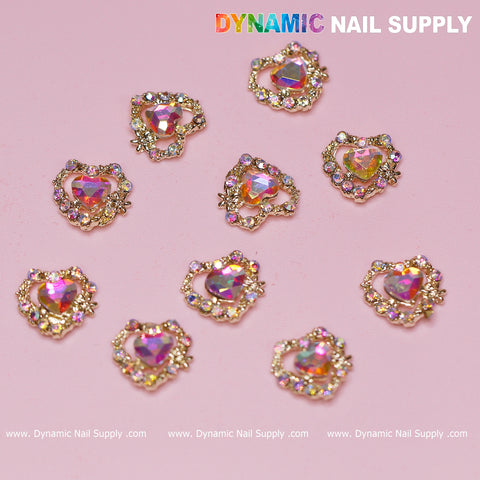 10 pcs 3D AB Crystal Heart Rhinestone Charm for Nails Art Design (AB stones + Golden claws base)