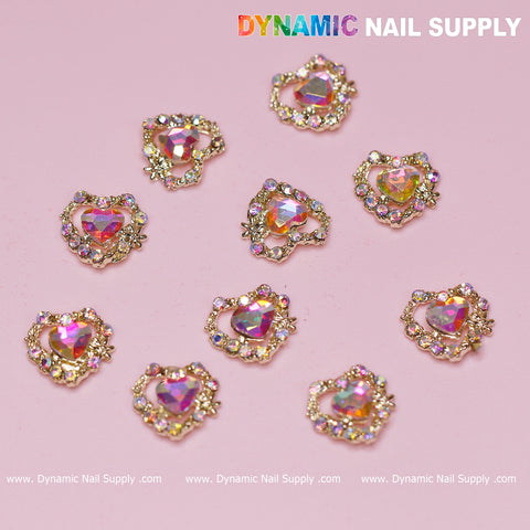 10 pcs 3D AB Crystal Heart Rhinestone Charm for Nails Art Design (AB stones + Golden claws base)