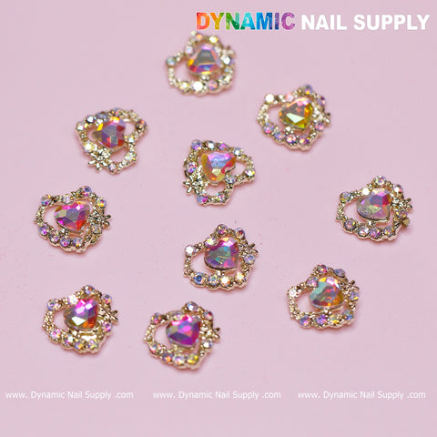 10 pcs 3D AB Crystal Heart Rhinestone Charm for Nails Art Design (AB stones + Golden claws base)