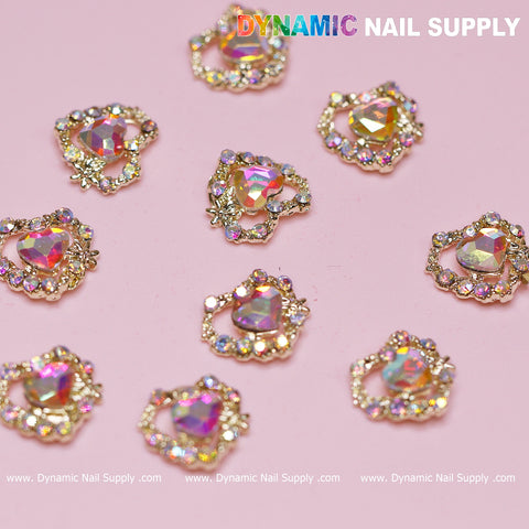 10 pcs 3D AB Crystal Heart Rhinestone Charm for Nails Art Design (AB stones + Golden claws base)