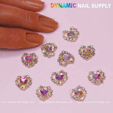 10 pcs 3D AB Crystal Heart Rhinestone Charm for Nails Art Design (AB stones + Golden claws base)