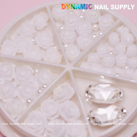40 pcs White 3D Roses Flower Charm with pearls and stones Accessories for Nails Art Design