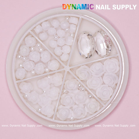 40 pcs White 3D Roses Flower Charm with pearls and stones Accessories for Nails Art Design