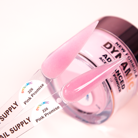 Two clear nail swatches labeled 226 Pink Promise show sheer Pink Promise - Cover Acrylic Powder over its matching jar.