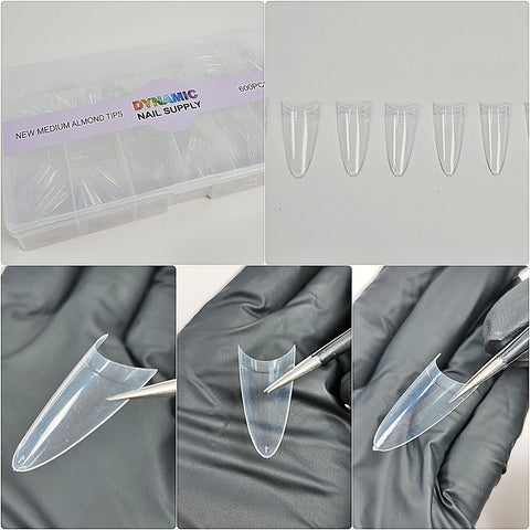 A box of (New 2026) Medium Almond Extension Nail Tips and a close-up of a tip held with tweezers.