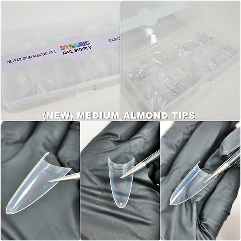 Medium Almond Extension Nail Tips – half cover, short stiletto, 500 pcs box, close-up in gloved hands.