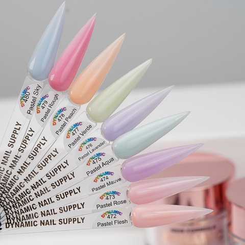 Eight pastel nails from the New 2026 Pastel Spring Colors Acrylic Collection, fanned out and labeled with names and numbers.