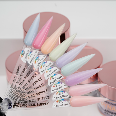 Seven New 2026 Pastel Spring Colors (Ombre & Buttery) displayed with names, shown by rose gold nail jars.