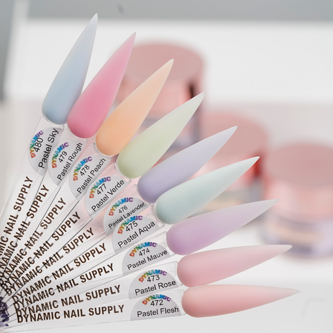 Eight elongated nail swatches show New 2026 Pastel Spring Colors Acrylic Collection shades against blurred product jars.